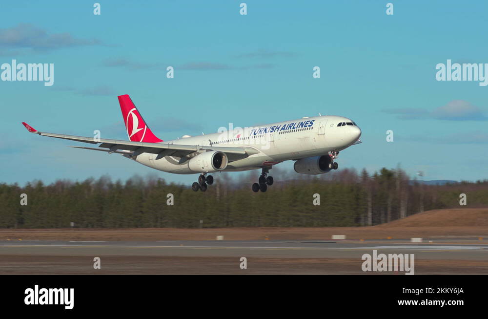 turkish airlines airbus a330 passenger airplane arrival landing oslo airport Stock Video Footage