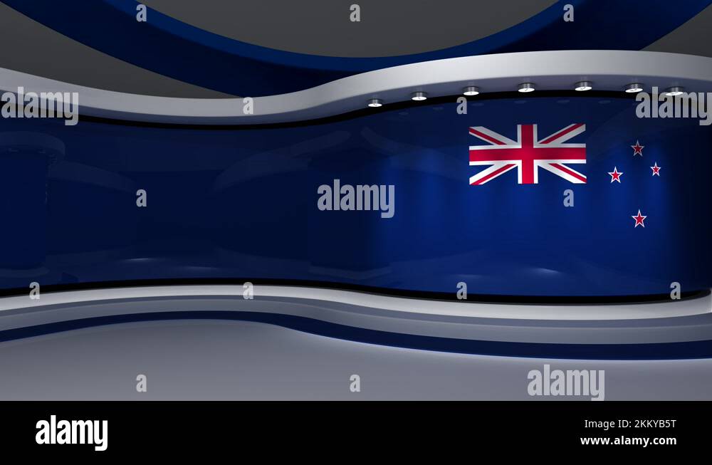 TV studio. New Zealand flag. News studio. Loop animation. 3d render. 3d