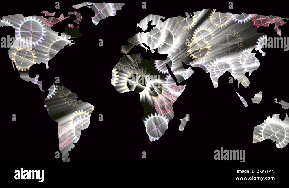 Rotating cogwheels on world map with all continent. Future Innovation ...