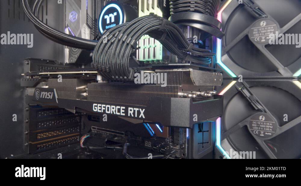 Closeup shot of expensive custom pc with liquid cooling and GEFORCE
