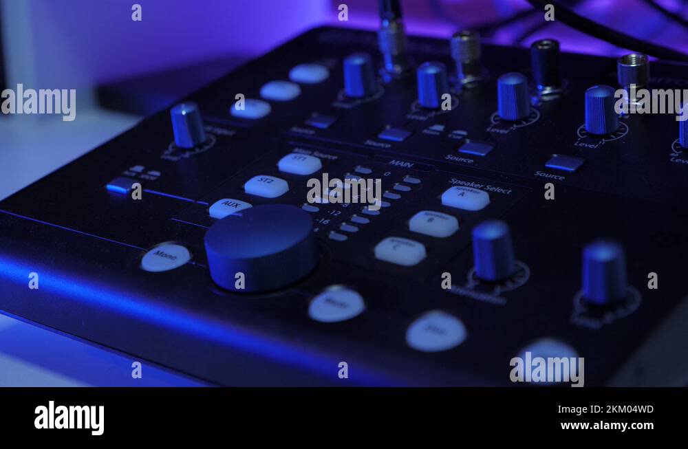 Surface control desk equalizer mixer turning on. Dj music mixer console