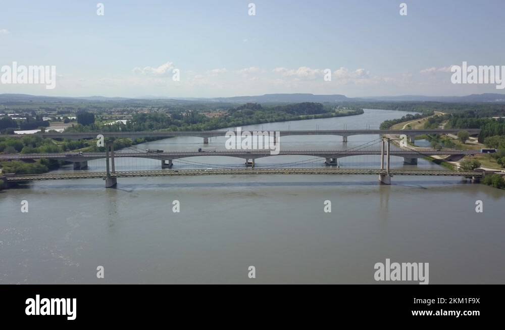 Suspension Bridge Pont De Roquemaure, Rhone Road Bridge And Railway
