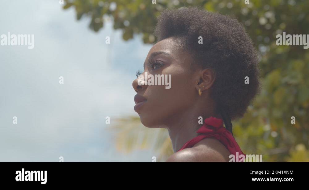 Tracking left to right pan close-up of an African facemodel with an ...