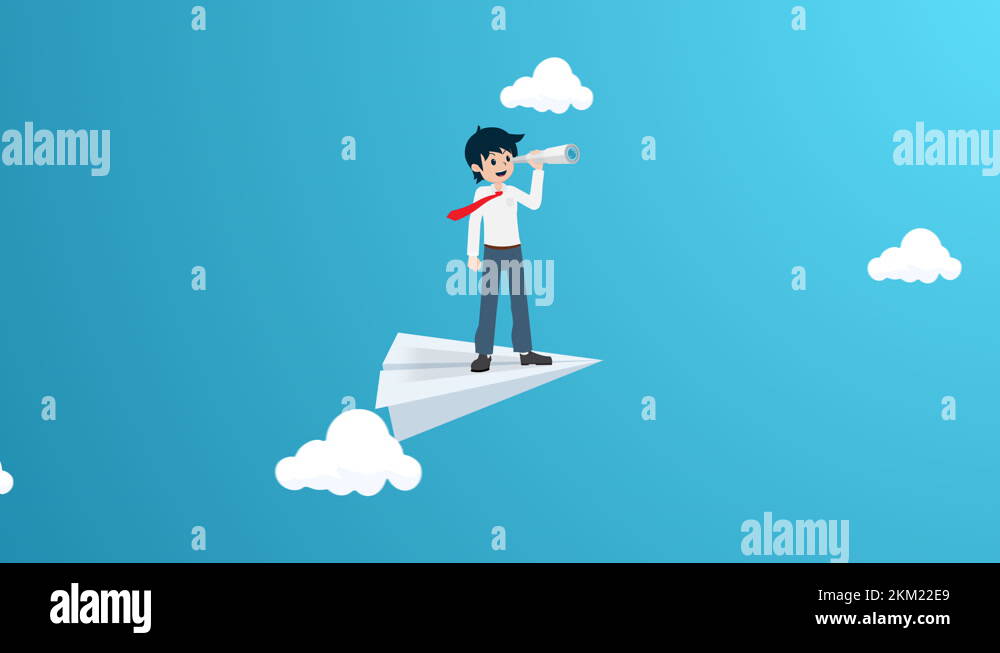 Salary Man Stand On Paper Plane With Binoculars Side View 4K Loop 
