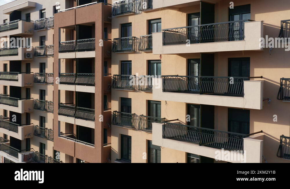 View of Exterior of a new high-rise apartment building - facade, windows and ...