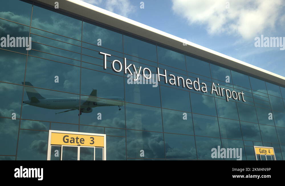 Commercial plane take off reflecting in the windows with Tokyo Haneda ...