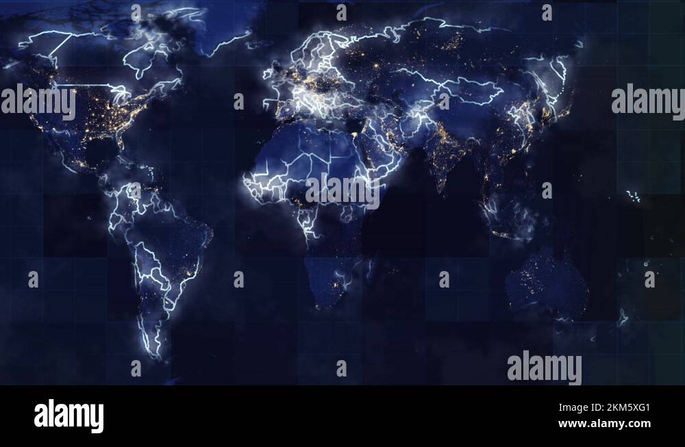 Animation of a global map of the world with visual effects and light ...