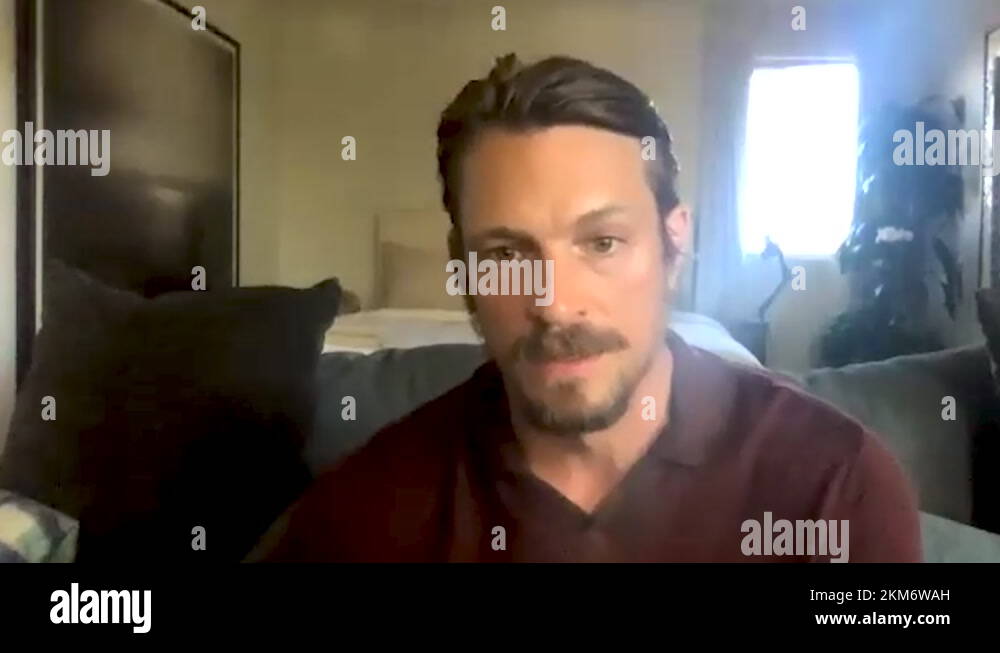 Joel Kinnaman is interviewed for his role in movie 'Brothers by Blood' 2021 Stock Video