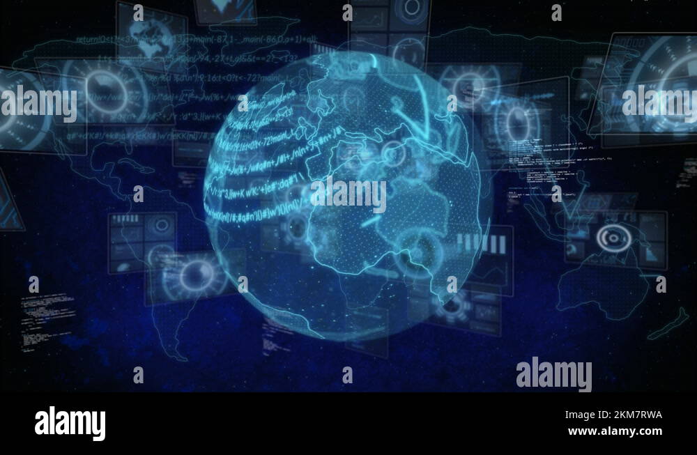 Composition of data processing on screens over globe and world map ...