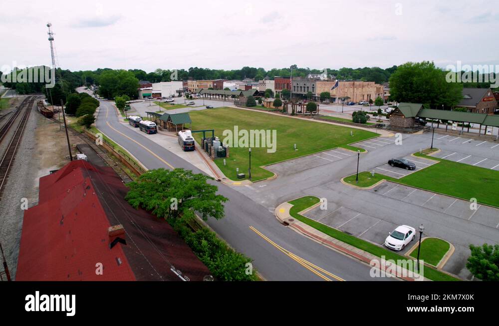 Seneca SC, Seneca South Carolina aerial push in from the railroad Stock