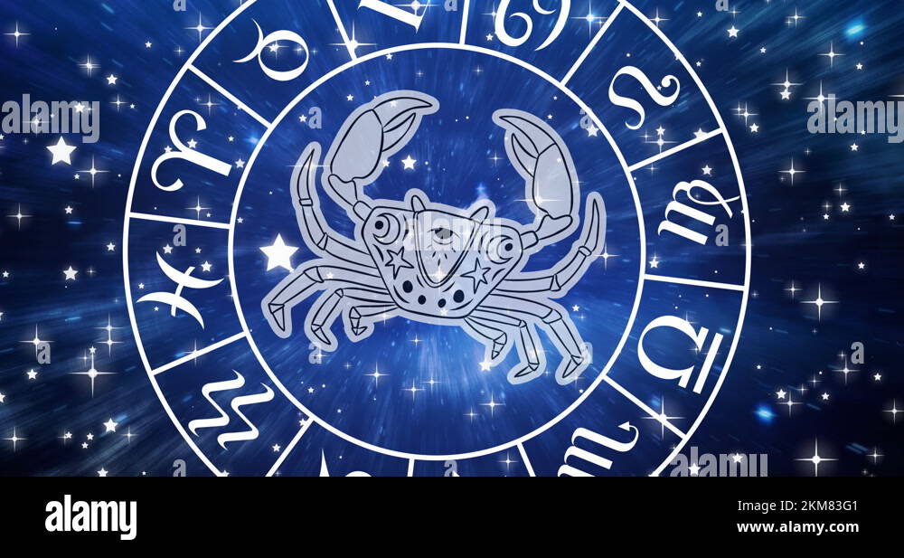 Animation of cancer star sign symbol in spinning horoscope wheel over ...