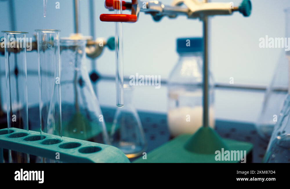 Chemical laboratory with flasks and test tubes. Chemical process with