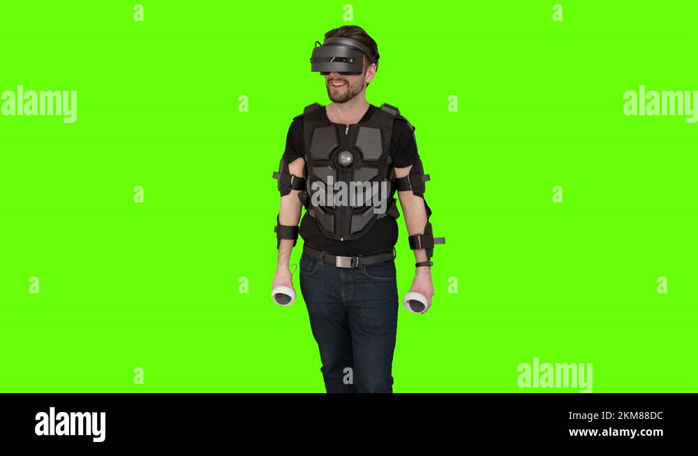 Nerdy gamer man folds down display robocop VR virtual reality