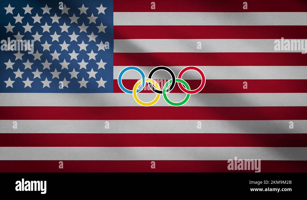 Waving flag of the United States with five-ringed symbol of the Olympic ...