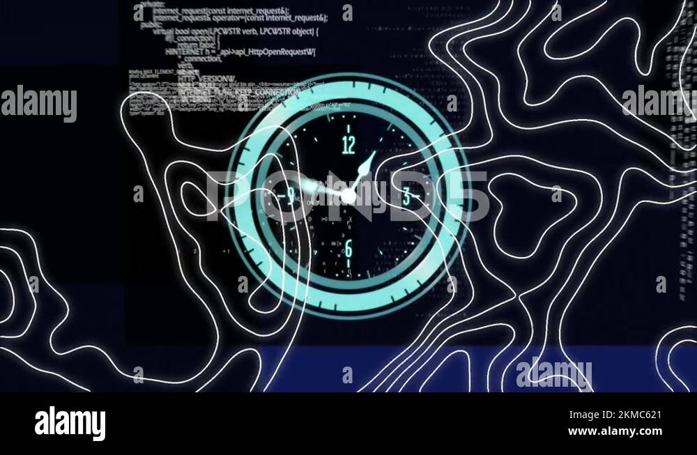 Animation of clock moving fast and data processing with topographic map