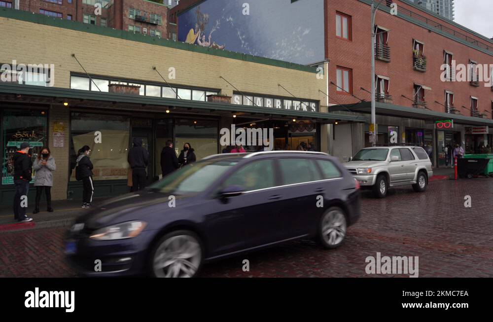 SEATTLE, USA FEBRUARY 4, 2021 People Wearing Masks are lined up on