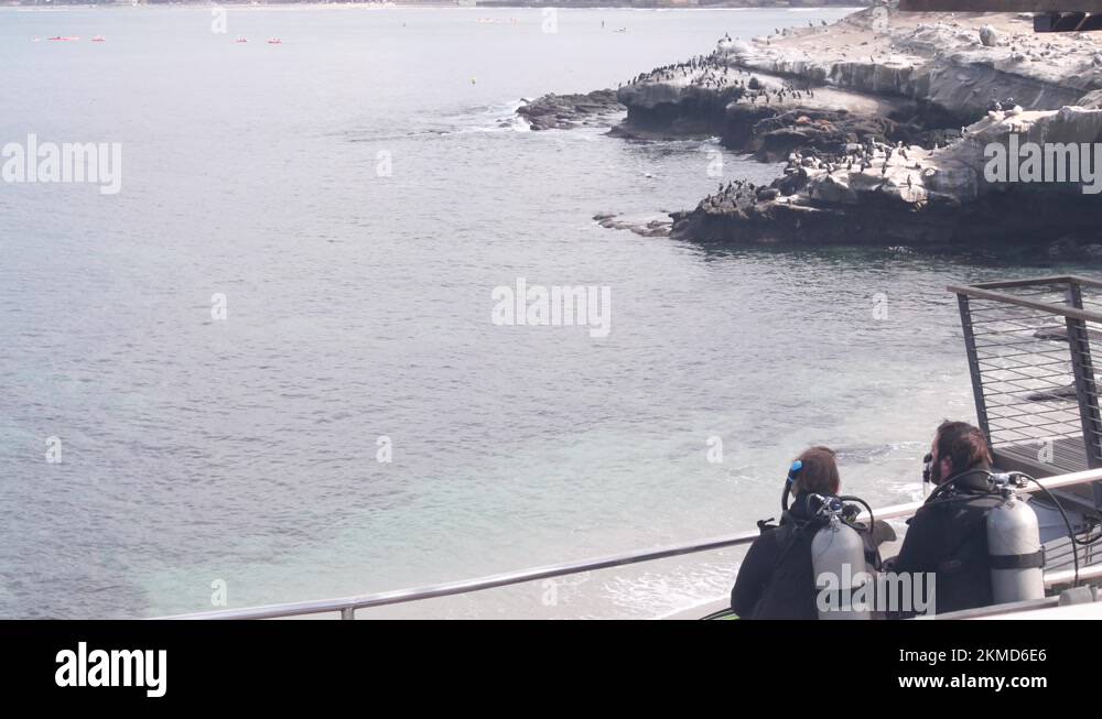 Scuba divers in suits. People after diving in cold ocean water