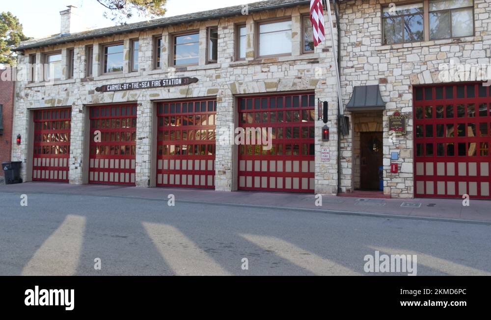 Gates of fire station. Firemens hall or firefighter house. Carmel