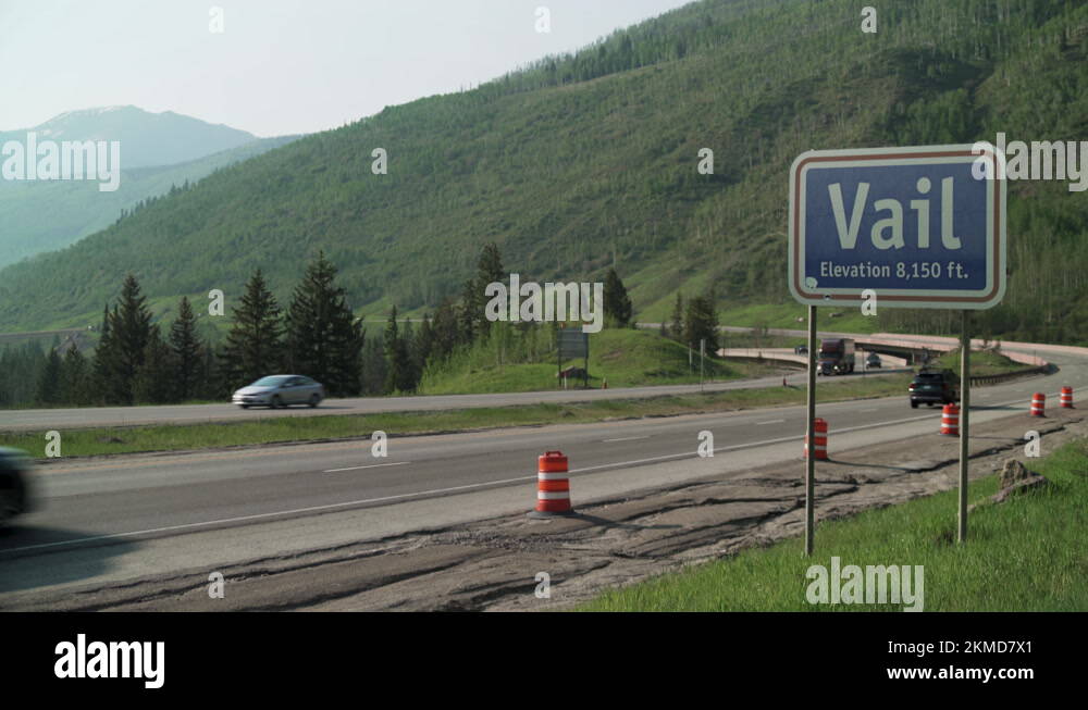 Vail, Colorado June 10, 2021 Vail Elevation sign and highway Stock