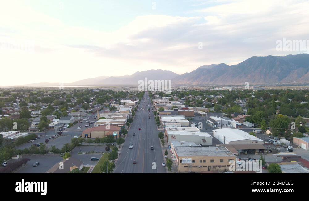 Spanish Fork City Roads and Small Town Traffic in Utah County Aerial