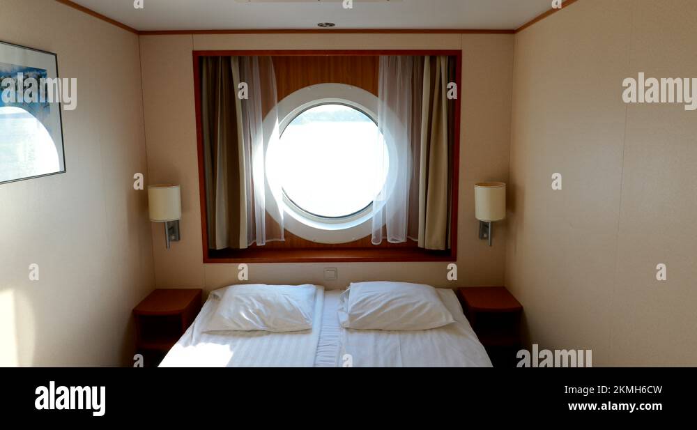 Ship Cabin With Bed And Window With View On Sea. Luxury Cabin On Ferry ...