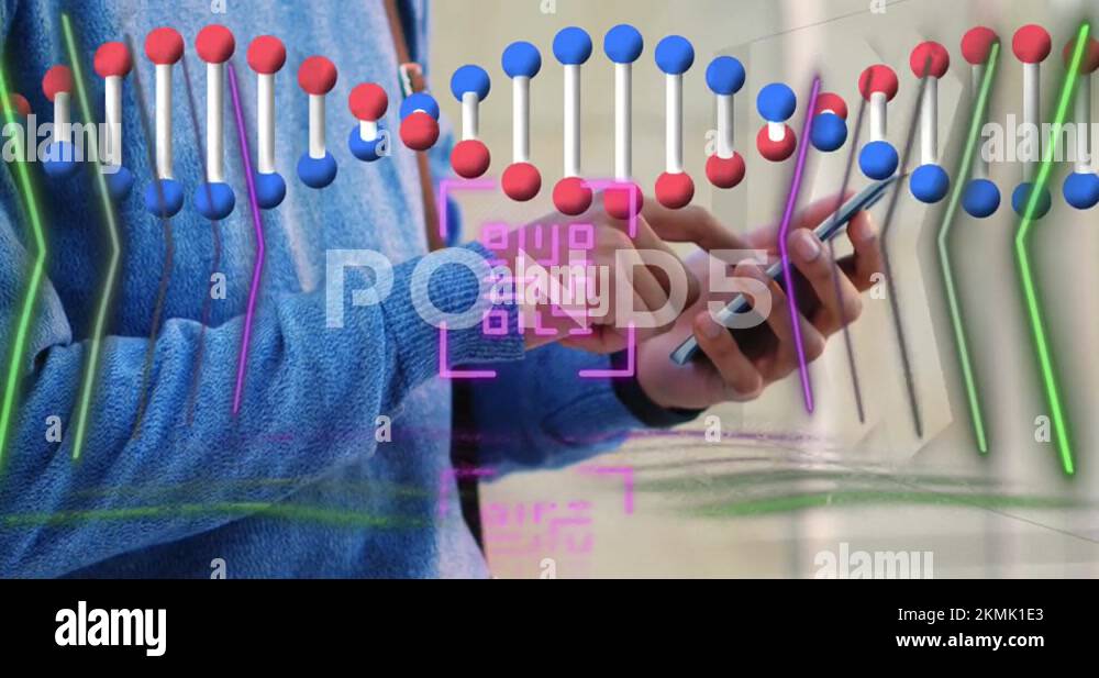 Neon qr code scanner and dna structure spinning against mid section of ...