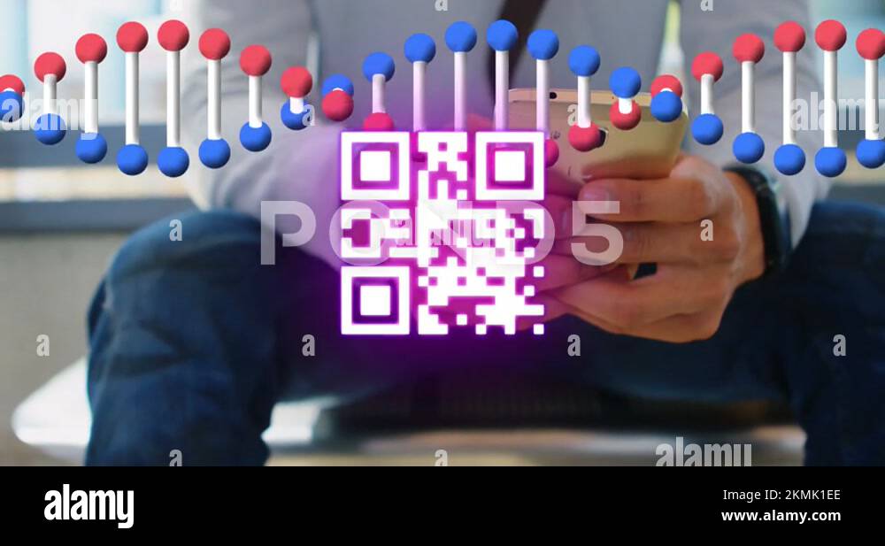 Neon qr code scanner and dna structure spinning against mid section of ...