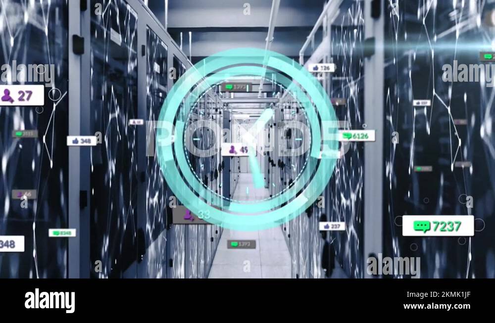 Neon ticking digital clock and social media icons on multiple speech