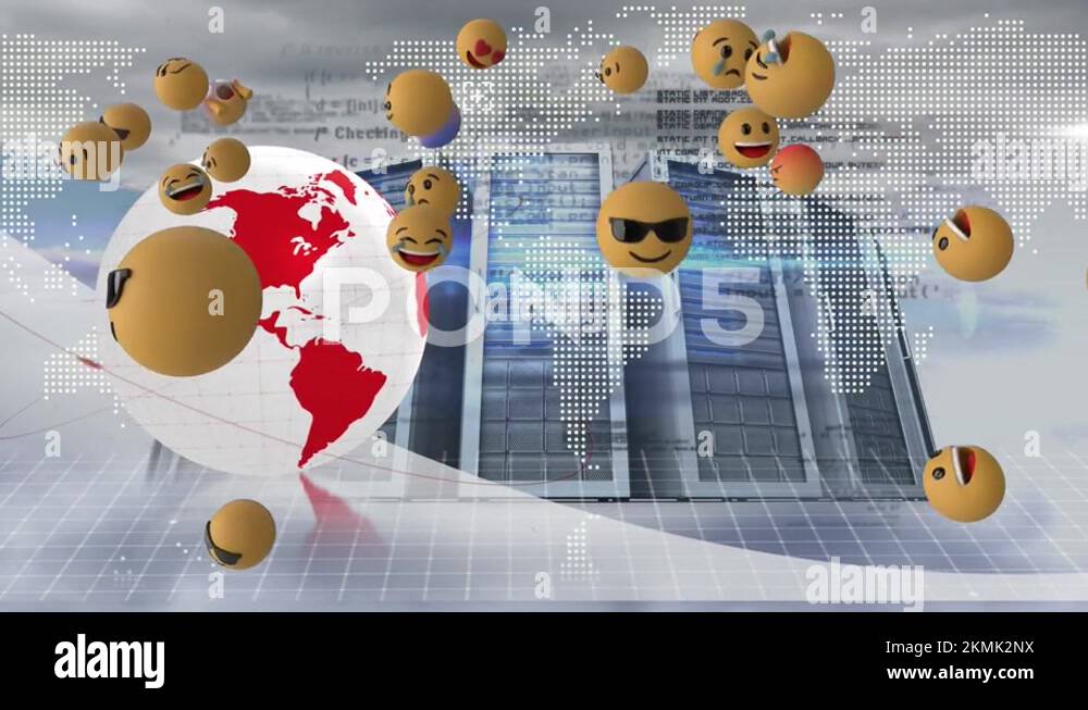 Multiple face emojis floating over spinning globe and computer servers