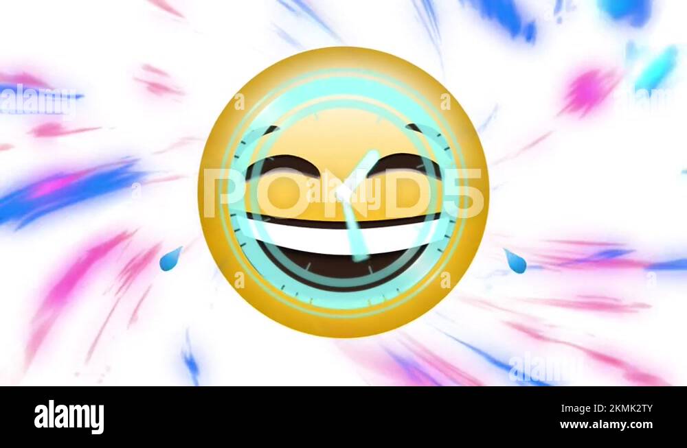 Neon digital clock ticking over laughing face emoji against digital