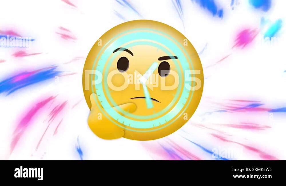 Neon digital clock ticking over thinking face emoji against digital
