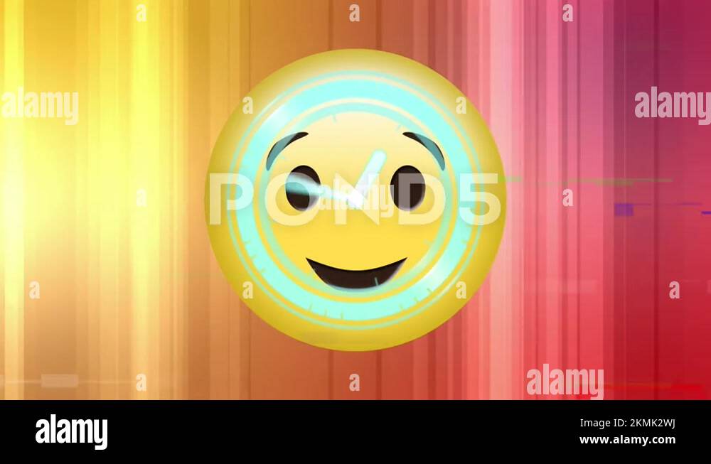 Neon digital clock ticking over winking face emoji against colorful
