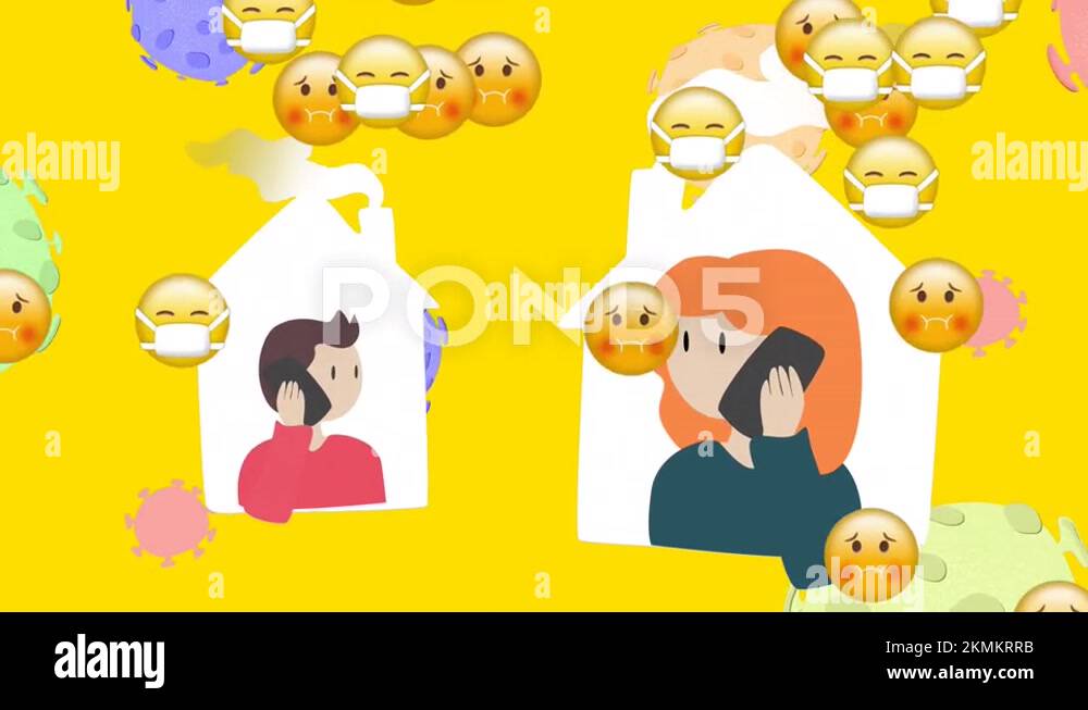 Multiple face emojis over man and woman talking on smartphone at home