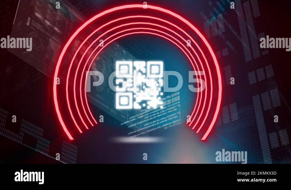 Digital animation of glowing qr code over multiple screens with data ...