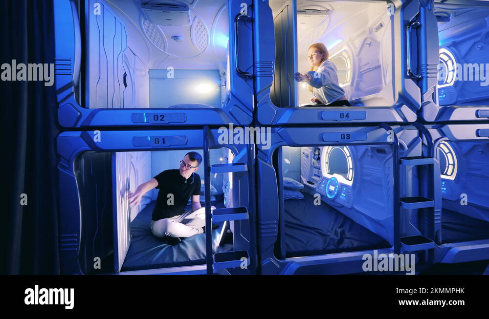 Guests of a capsule hotel opening and closing doors Stock Video Footage