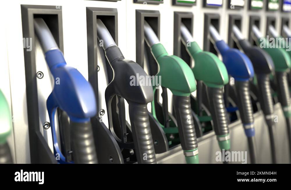 Seamless looping animation of multicolour gas pump nozzles at the gas