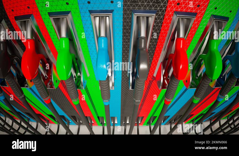 Seamless looping animation of multicolour gas pump nozzles at the gas