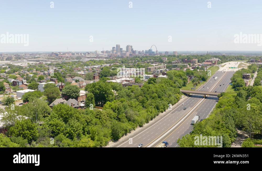 Cars, Trucks Driving on Highway Near St. Louis, Missouri. Aerial