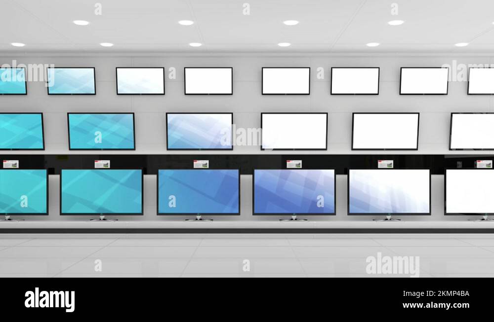 Animation of rows of television sets in store with glowing screens with 