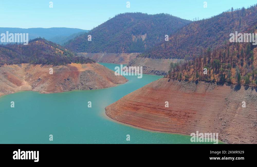 2021 disturbing aerial over drought stricken California Lake Oroville