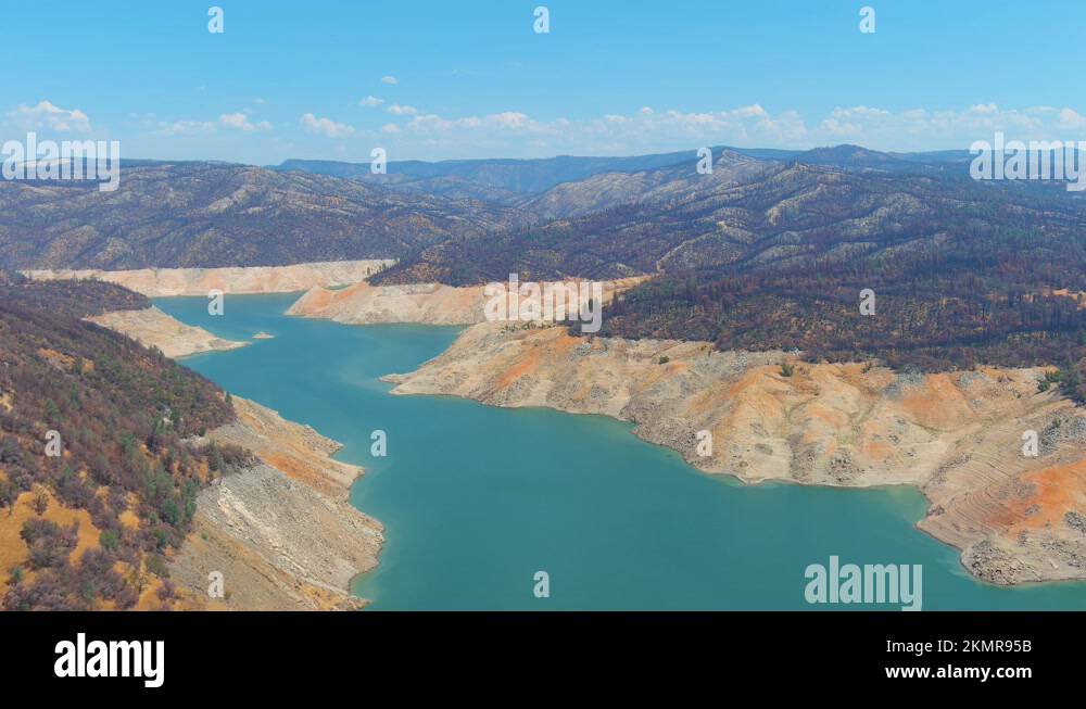 2021 disturbing aerial over drought stricken California Lake Oroville
