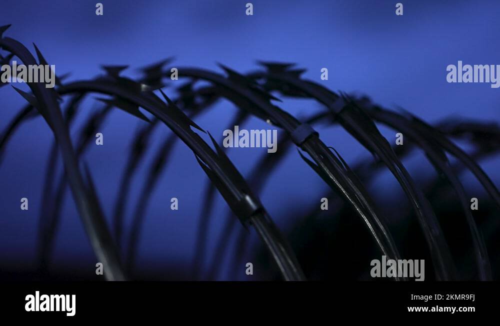 Cinematic Prison Barbed Razor Wire On Fence Exterior, Maximum Security