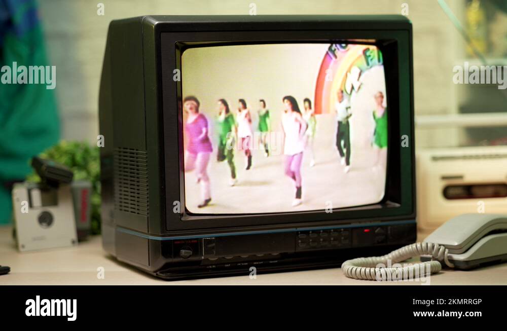 Vintage Fitness Training on a 80s 90s Old CRT TV Screen Stock Video