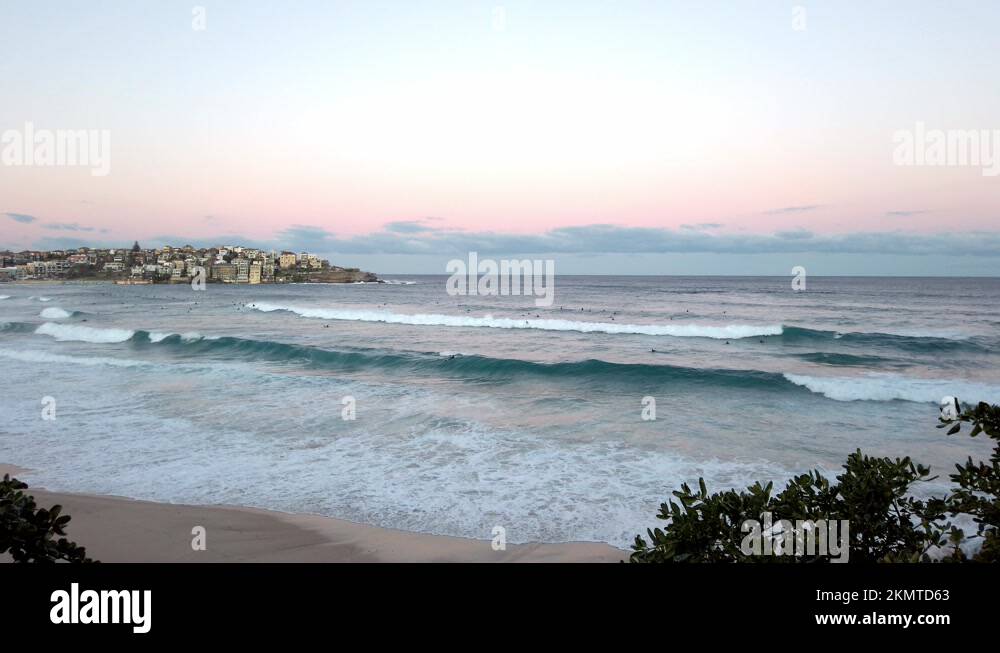 Tourist Surfers On Huge Waves Of Bondi Beach During Sunset In Sydney