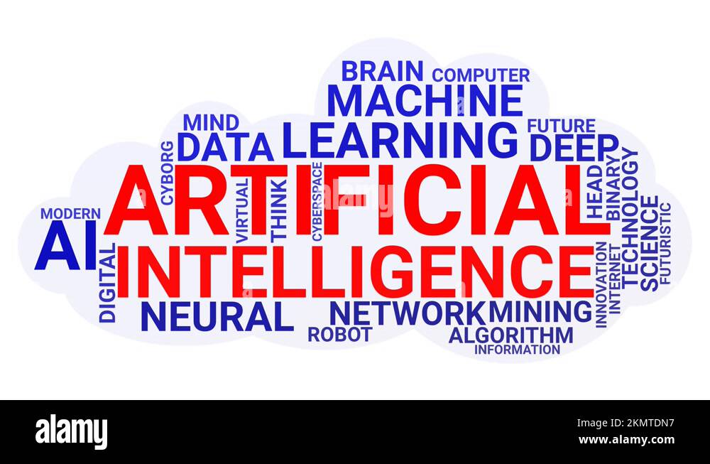Artificial intelligence machine learning word cloud blue and red text