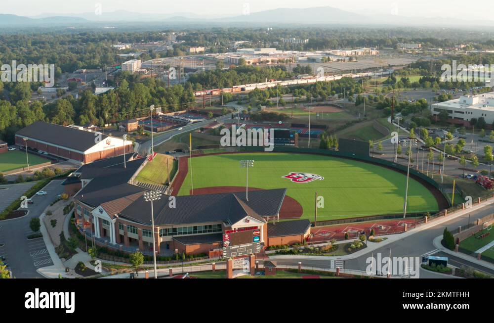 Liberty University Baseball Stadium aerial approach shot Stock Video