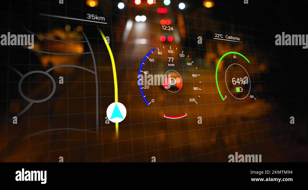 Animation of interface with charging battery icon and speedometer over road Stock Video Footage