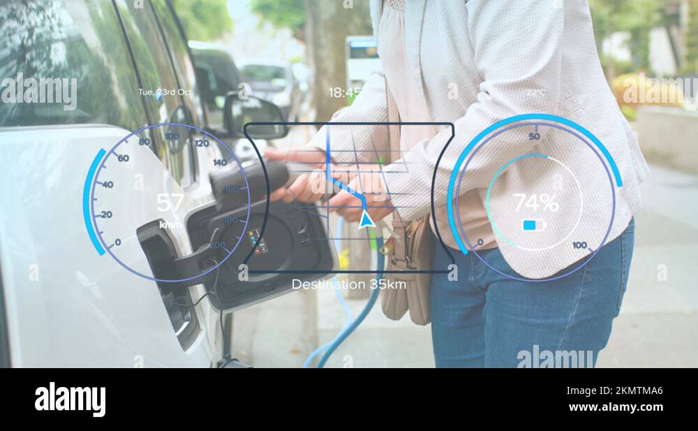 Animation of interface with charging battery icon and speedometer over woman Stock Video Footage