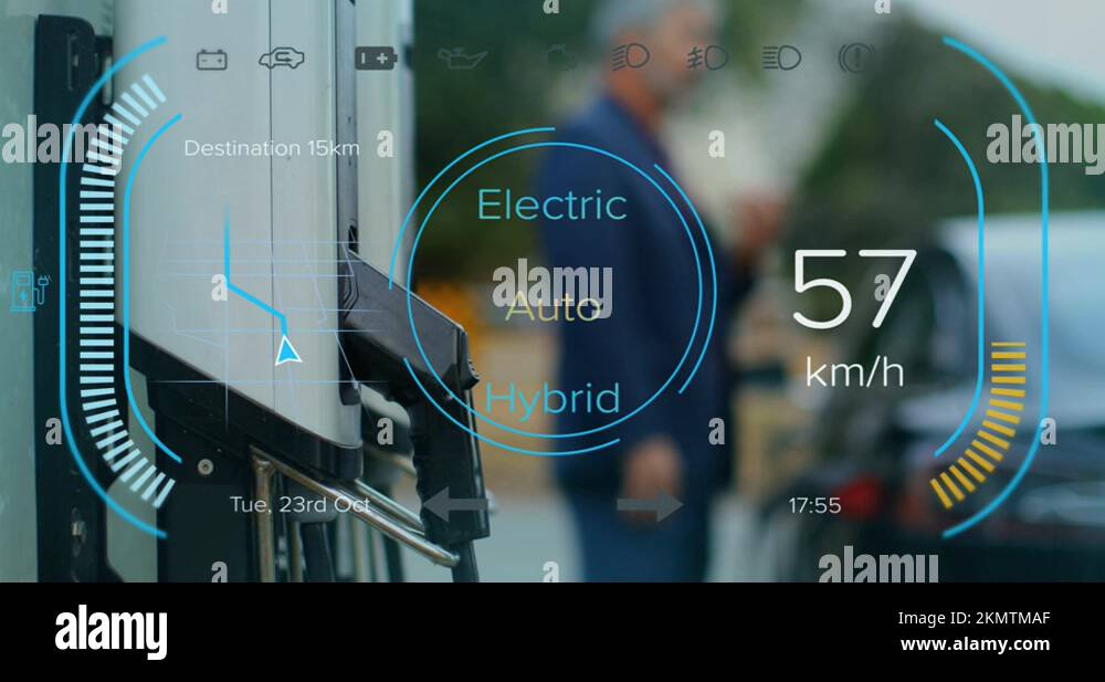 Animation of interface with charging battery icon and speedometer over petrol Stock Video