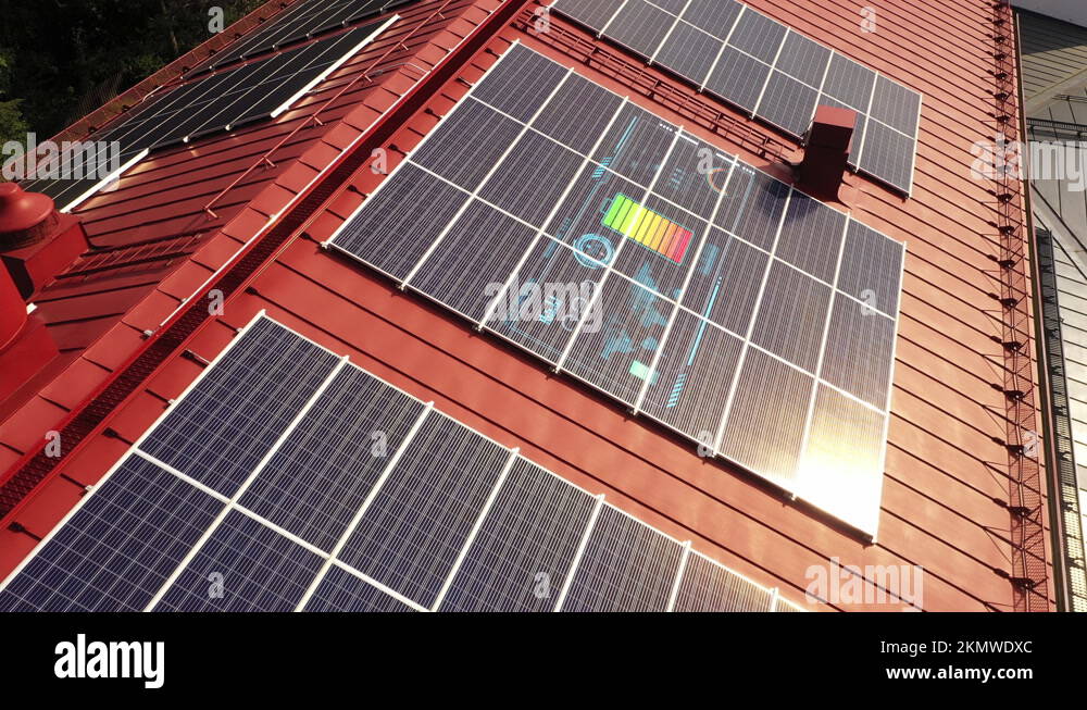 Photovoltaic data HUD, battery, map and meters on rooftop sun cells